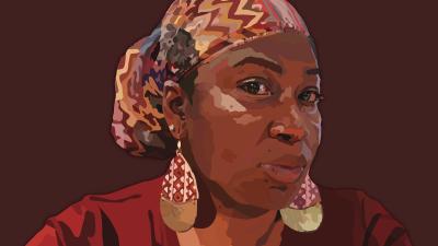 Artistic depiction of a woman with a wrap around her head and large earrings