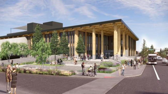 East County Library concept design shows the entry plaza at NW Division St and NW Ava St
